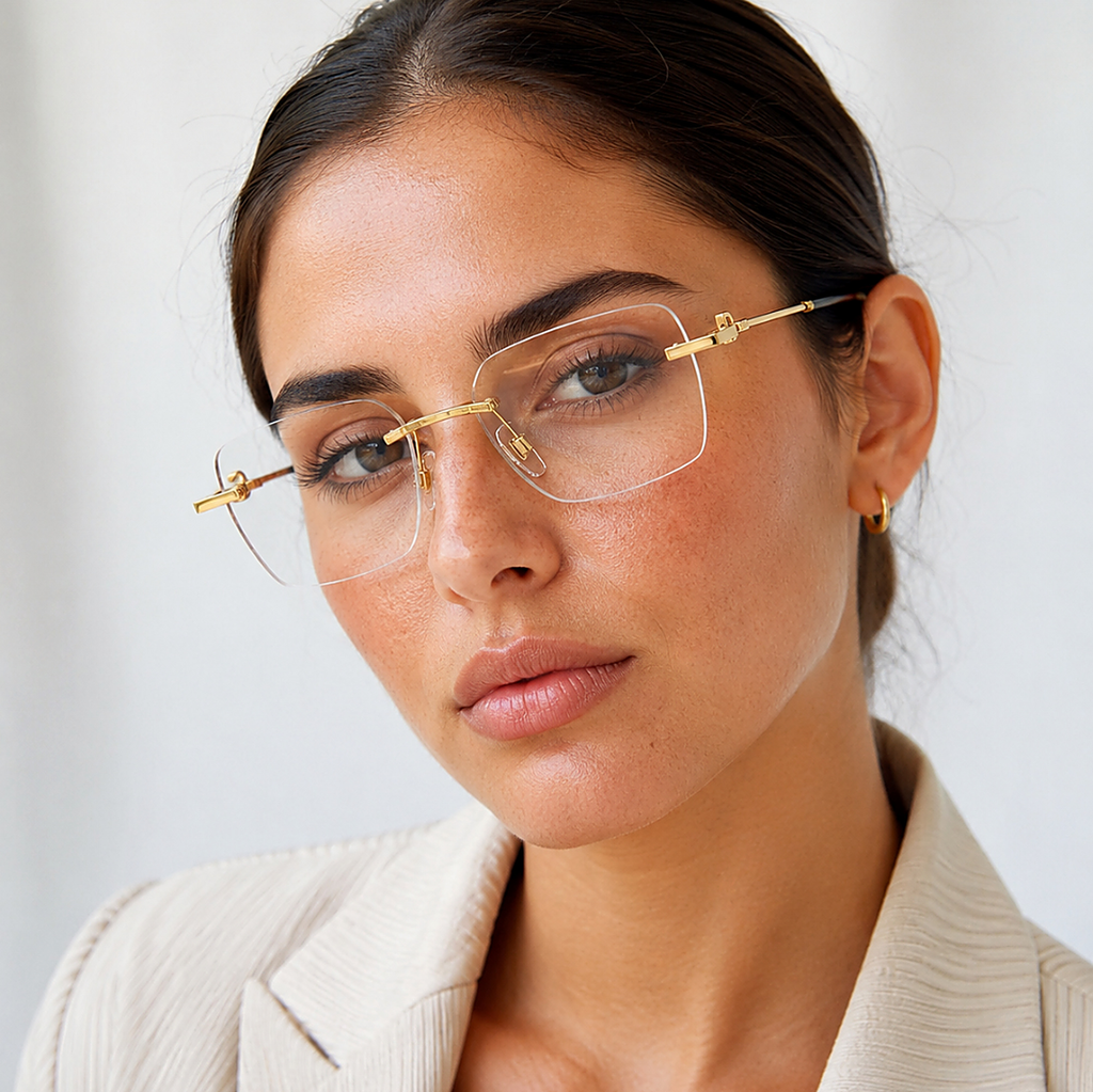 Dolce & Gabbana Rimless Gold Eyeglasses (DG 1363) worn by a model