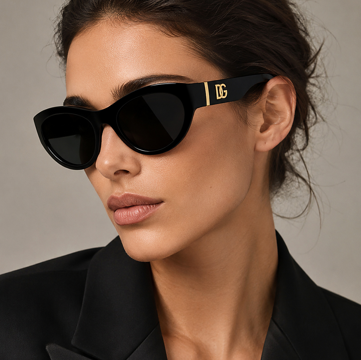 Dolce & Gabbana Cat Eye Black Sunglasses (DG 6207) worn by a model