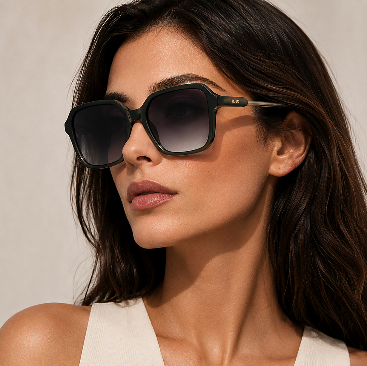 Liu Jo Square Black Sunglasses (LJ830S) worn by a model