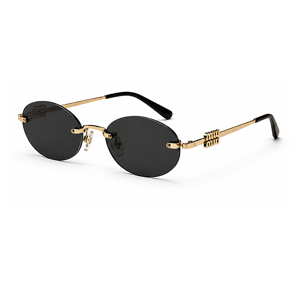 Miu Miu Oval Black Sunglasses (SMU A54), angled side view