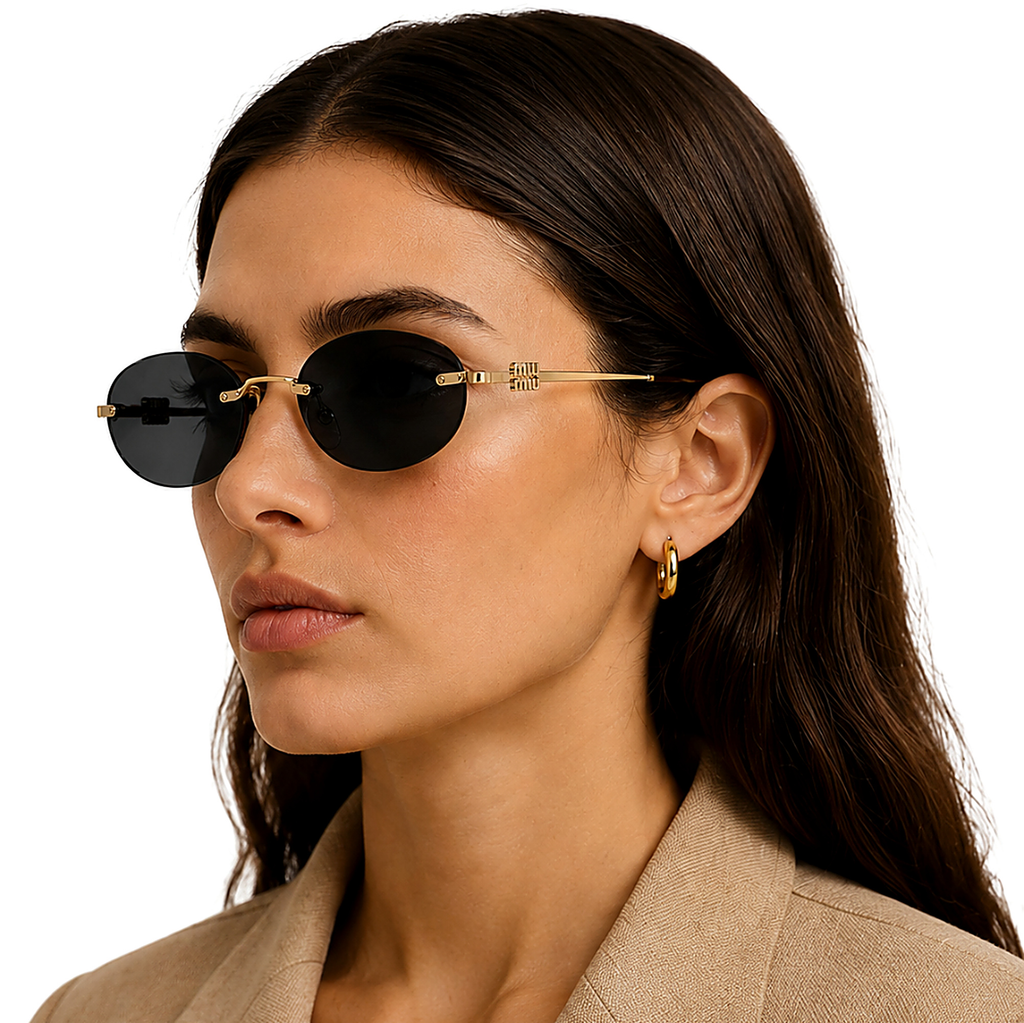 Miu Miu Oval Black Sunglasses (SMU A54) worn by a model
