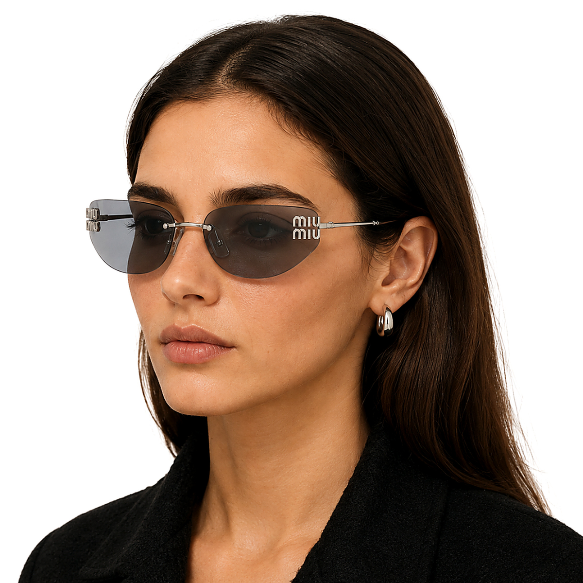 Miu Miu Shield Grey Sunglasses (SMU A55) worn by a model