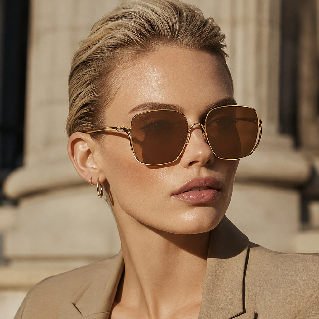 Miu Miu Square Gold Sunglasses (SMU A57 ZVN-90Q) worn by a model