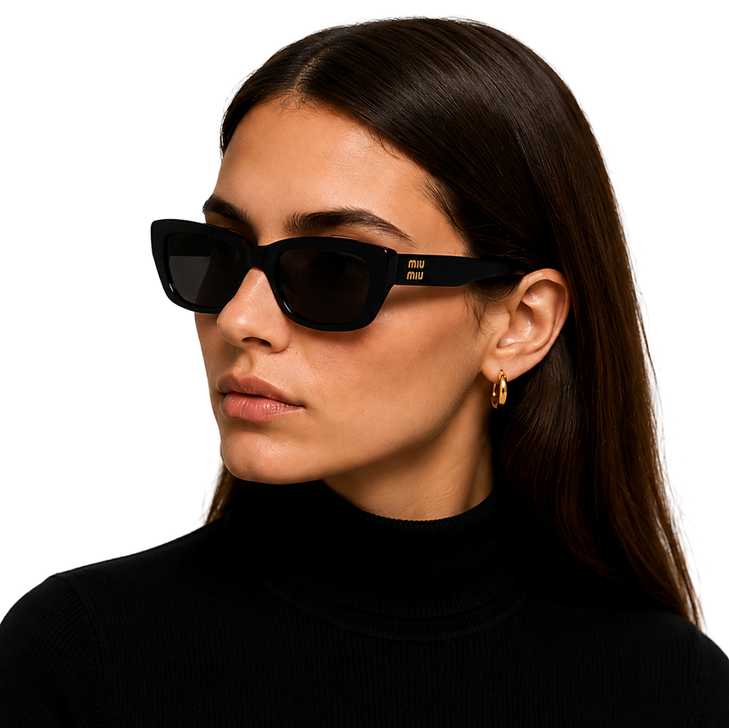 Miu Miu Rectangular Black Sunglasses (SMU B05) worn by a model