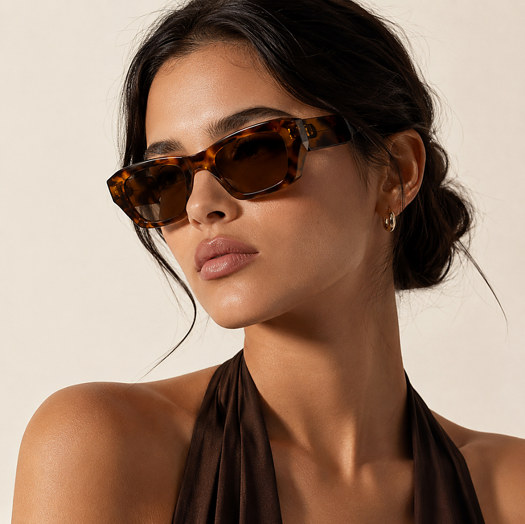 Miu Miu Rectangular Tiger Sunglasses (SMU B05) worn by a model