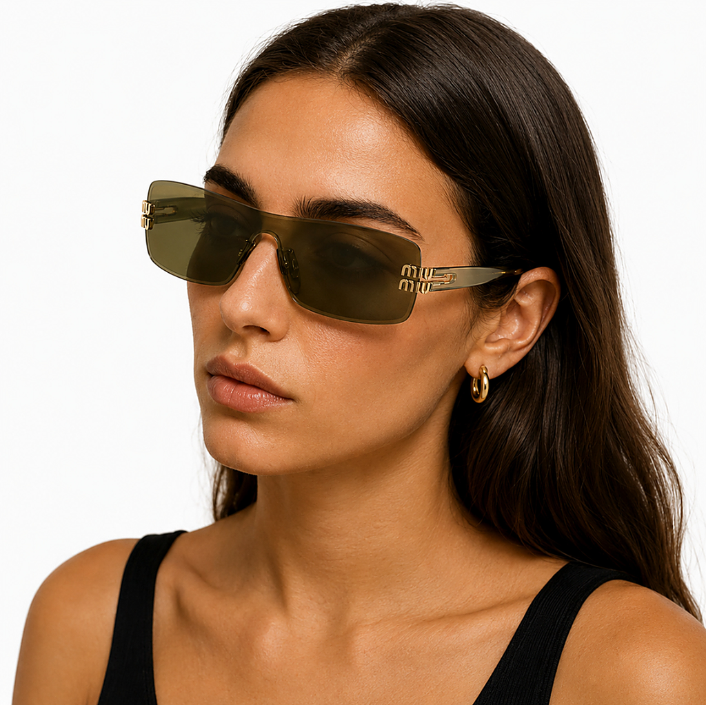Miu Miu Olive Sunglasses (SMU B10-U) worn by a model