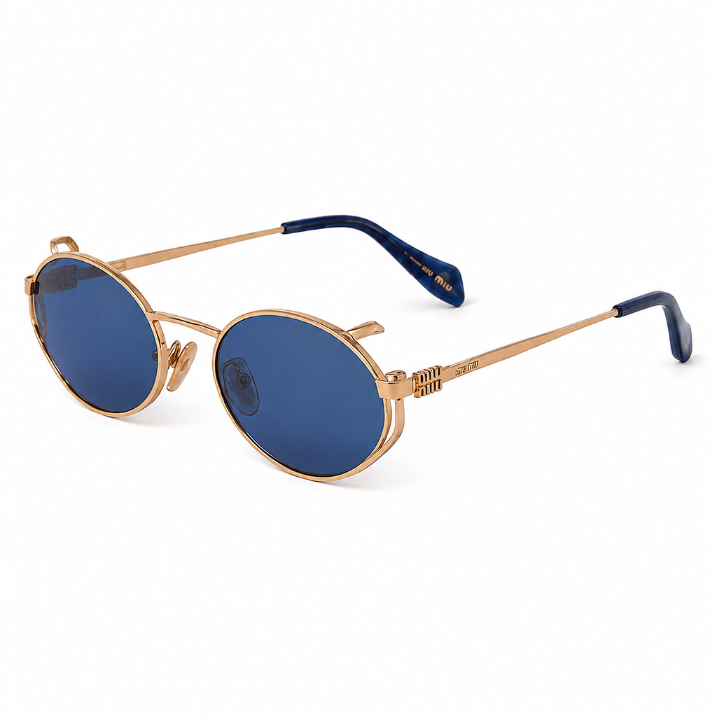 Miu Miu Blue Sunglasses (SMU B51), angled side view