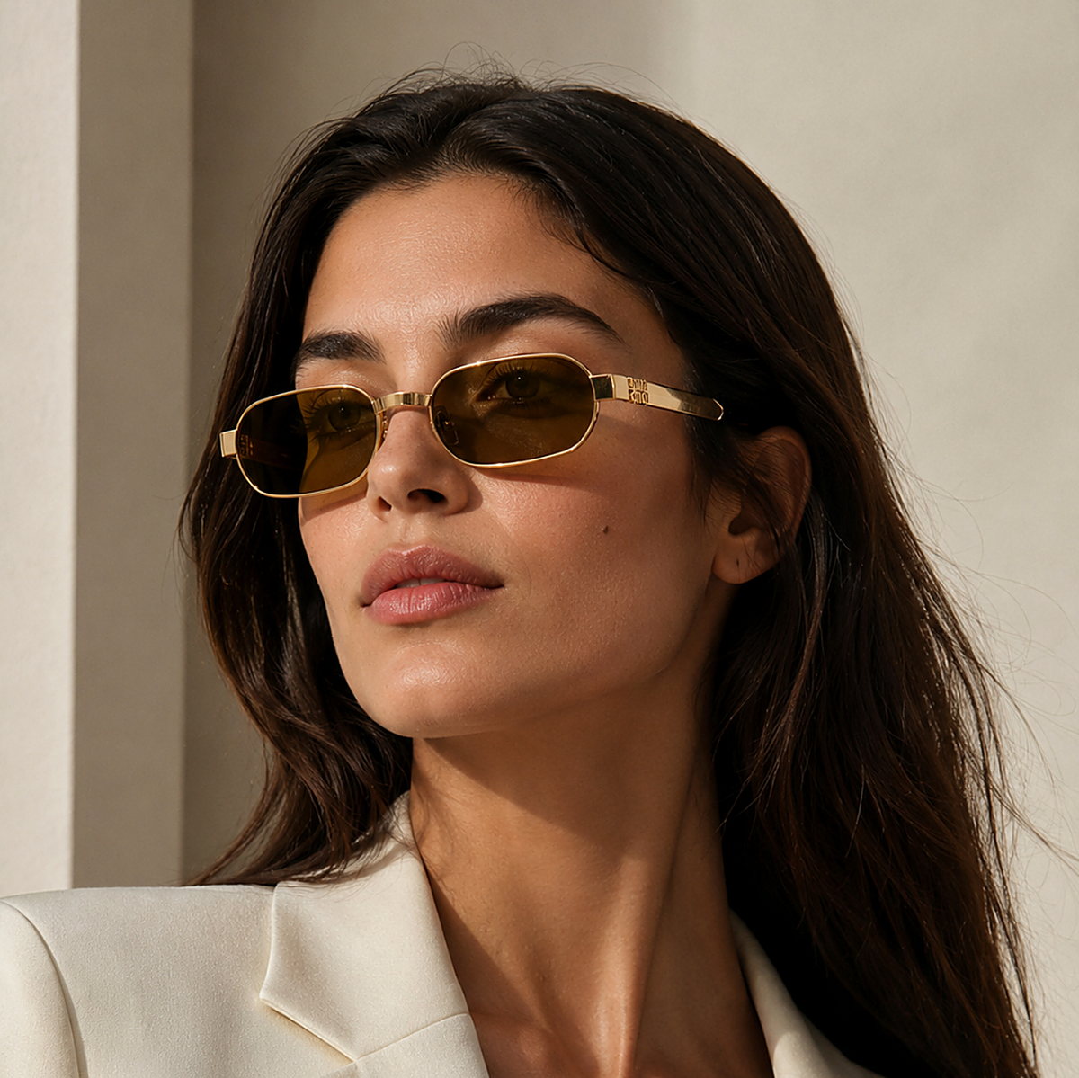 Miu Miu Slim Gold Sunglasses (SMU B52) worn by a model