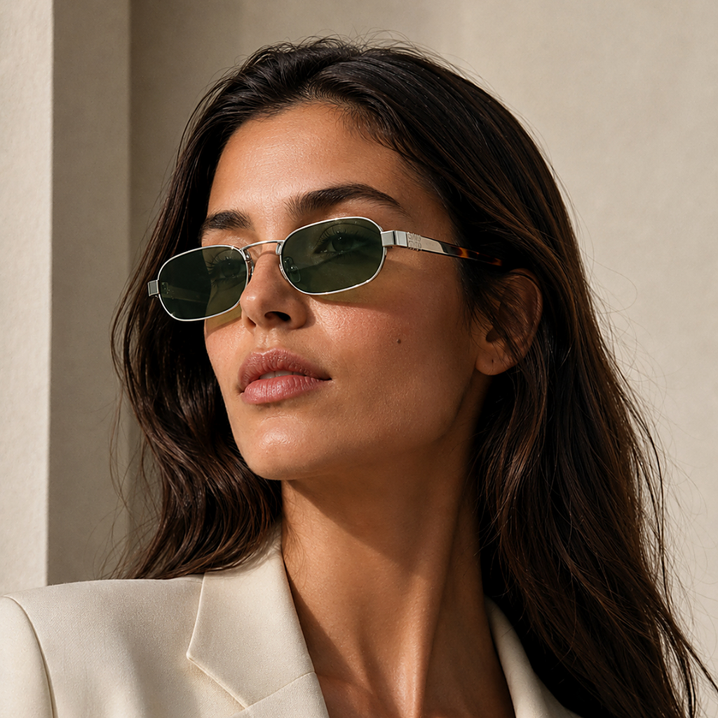 Miu Miu Silver Sunglasses (SMU B52 Grey) worn by a model