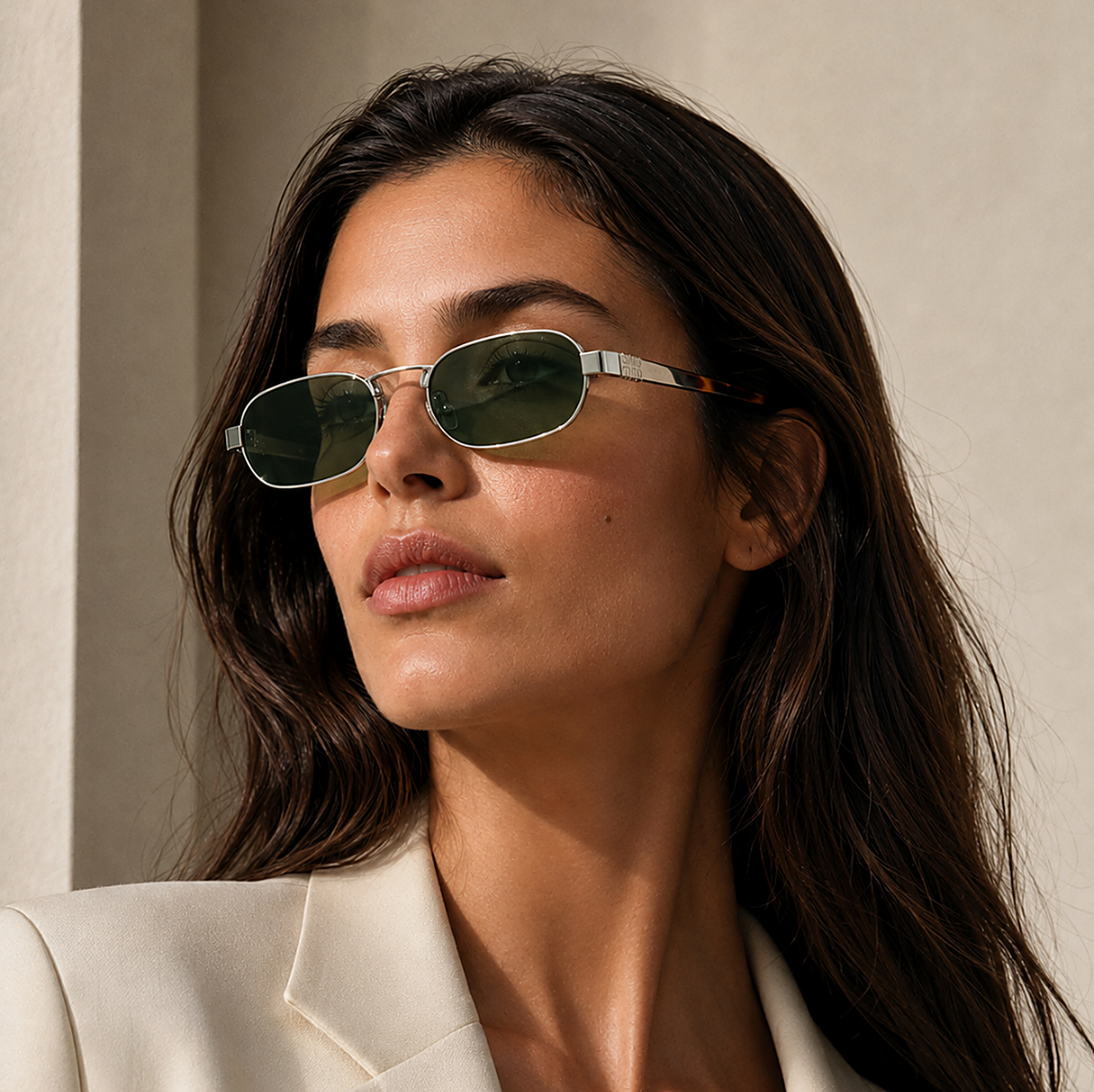Miu Miu Silver Sunglasses (SMU B52 Grey) worn by a model