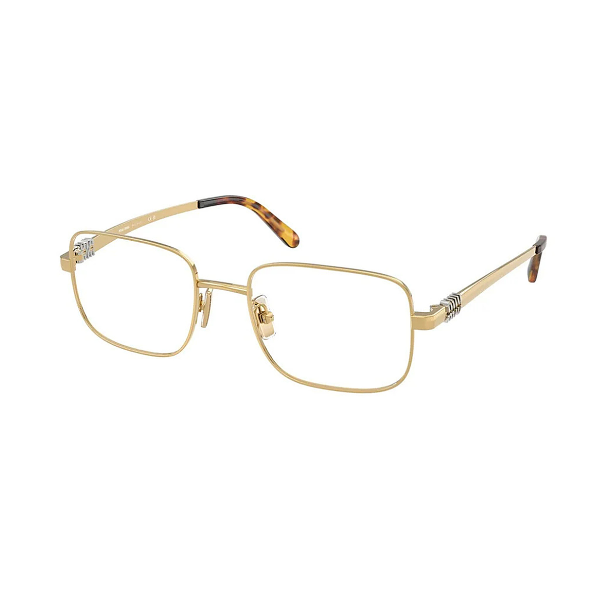 Miu Miu Gold Rectangular Eyeglasses (VMU 51Z), angled side view
