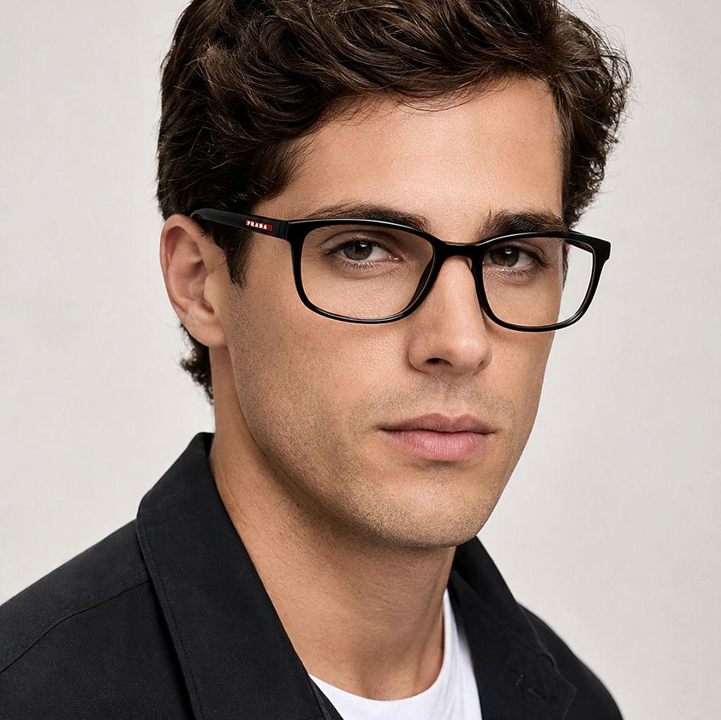 Prada Linea Rossa Black Eyeglasses (VPS 08R) worn by a model