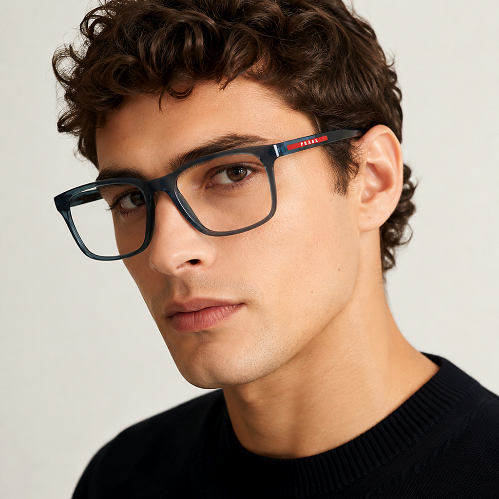Prada Linea Rossa Blue Eyeglasses (VPS 08R) worn by a model