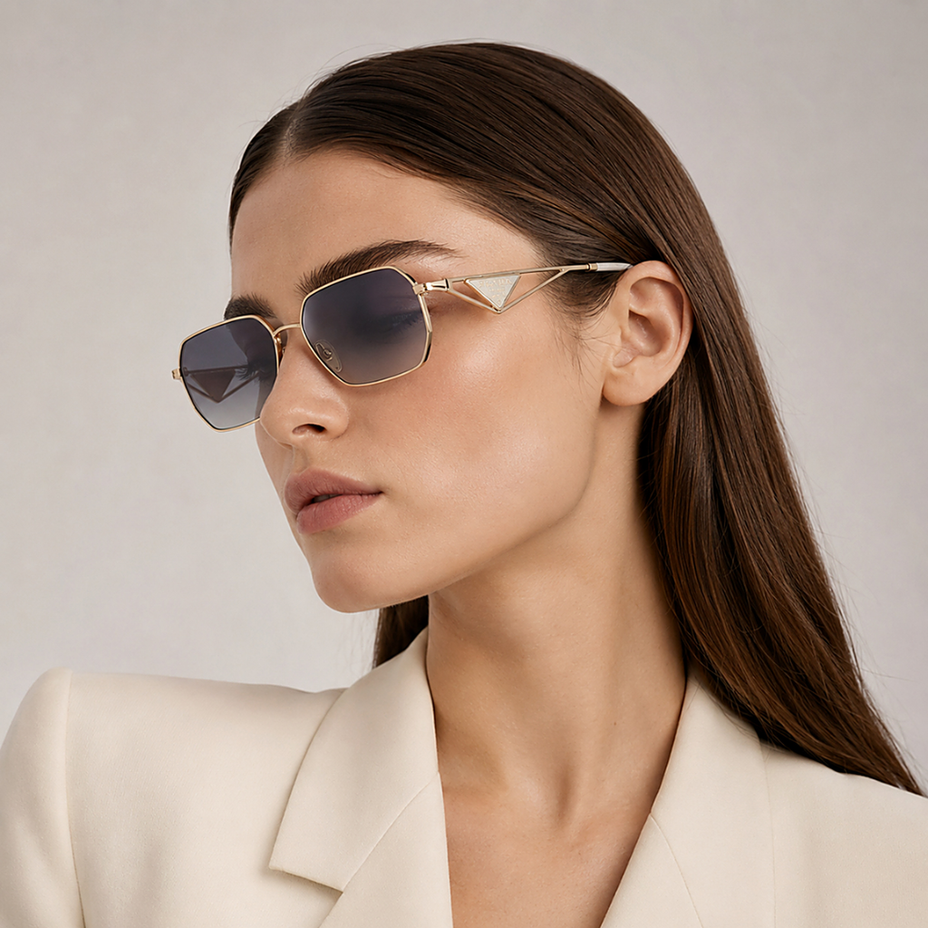 Prada Gold Blue Sunglasses (SPR A51) worn by a model
