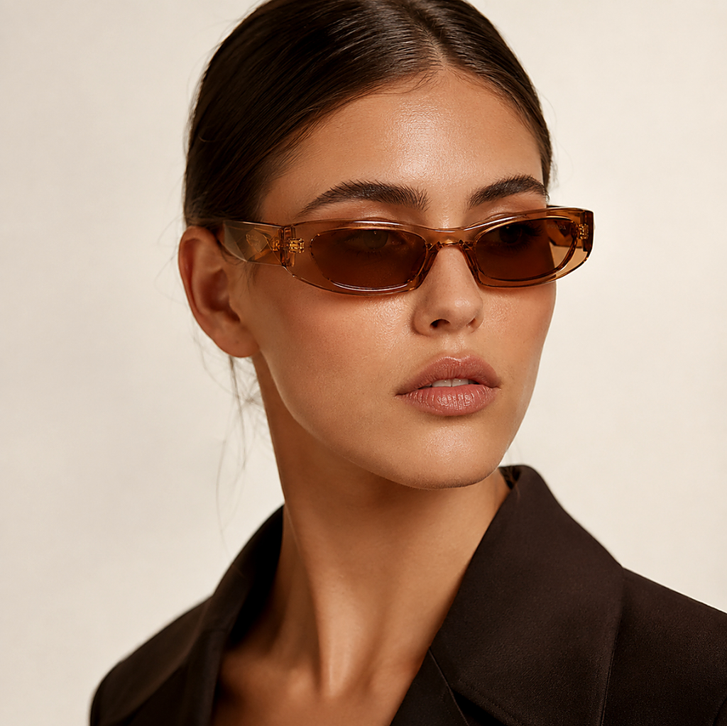 Prada Caramel Sunglasses (SPR B16 Brown) worn by a model