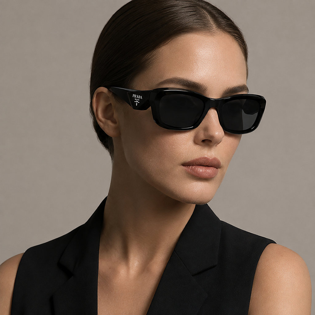 Prada Bold Black Sunglasses (SPR C06) worn by a model