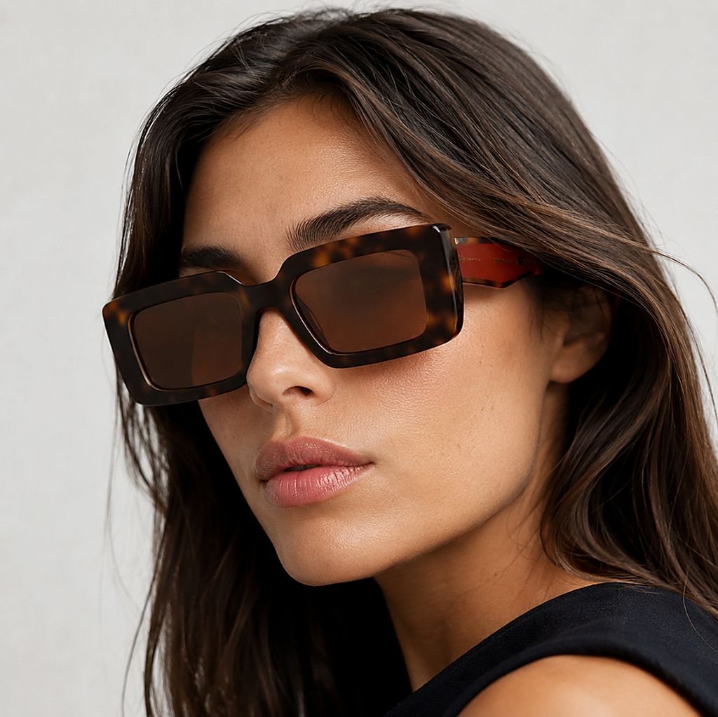 Prada Square Tortoise Sunglasses (SPR D01) worn by a model