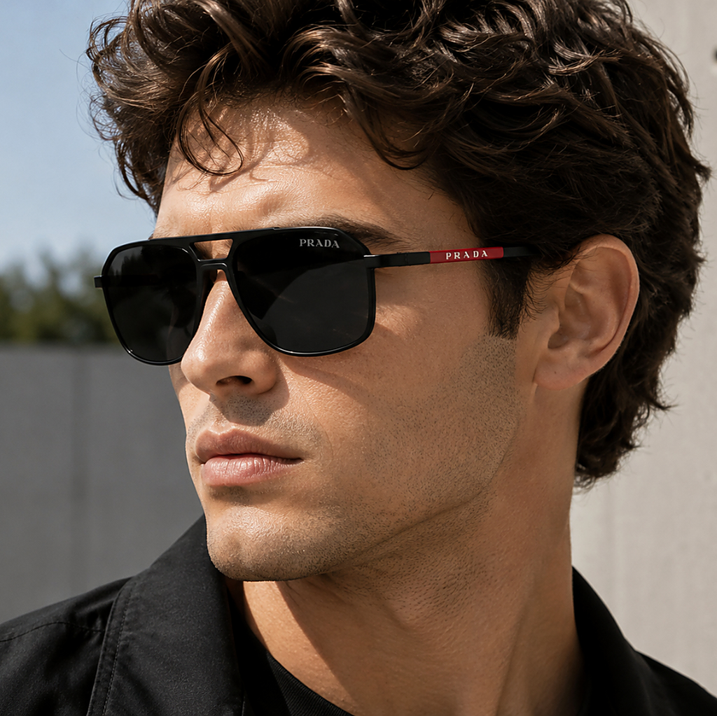 Prada Black Red Sunglasses (SPS B51) worn by a model