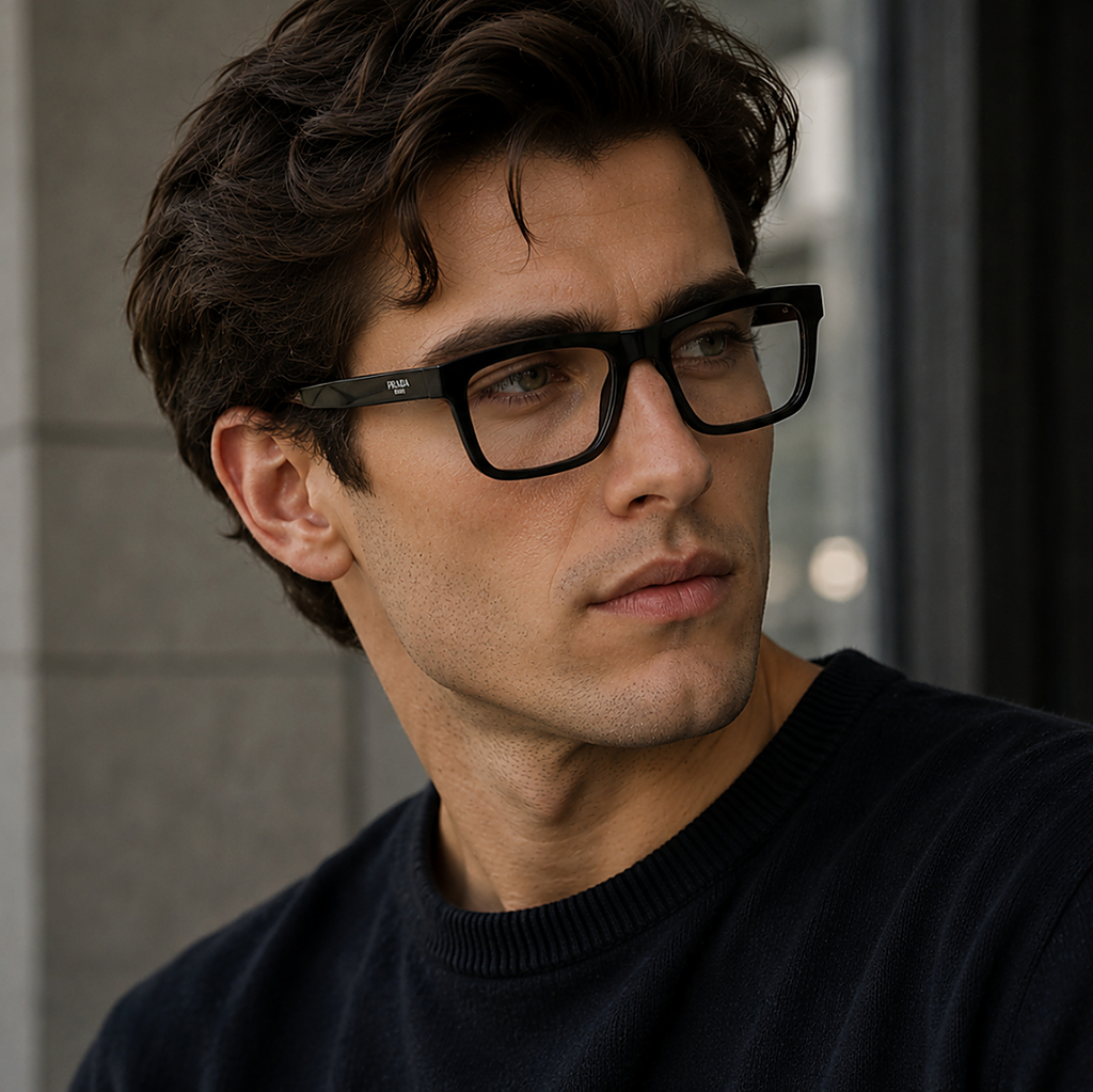 Prada Rectangular Black Eyeglasses (VPR C03) worn by a model