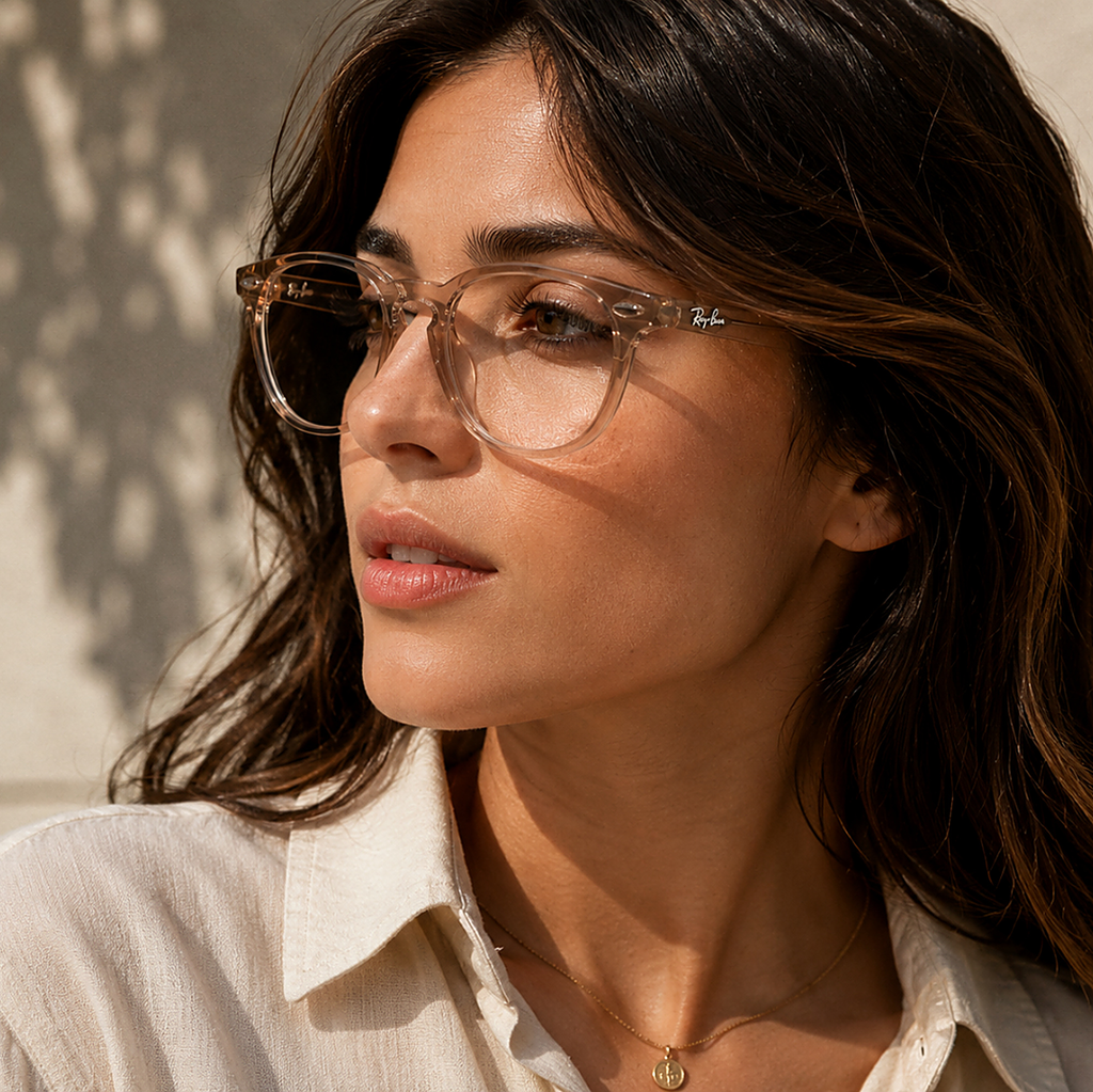 Ray-Ban Transparent Eyeglasses (RB 7159) worn by a model