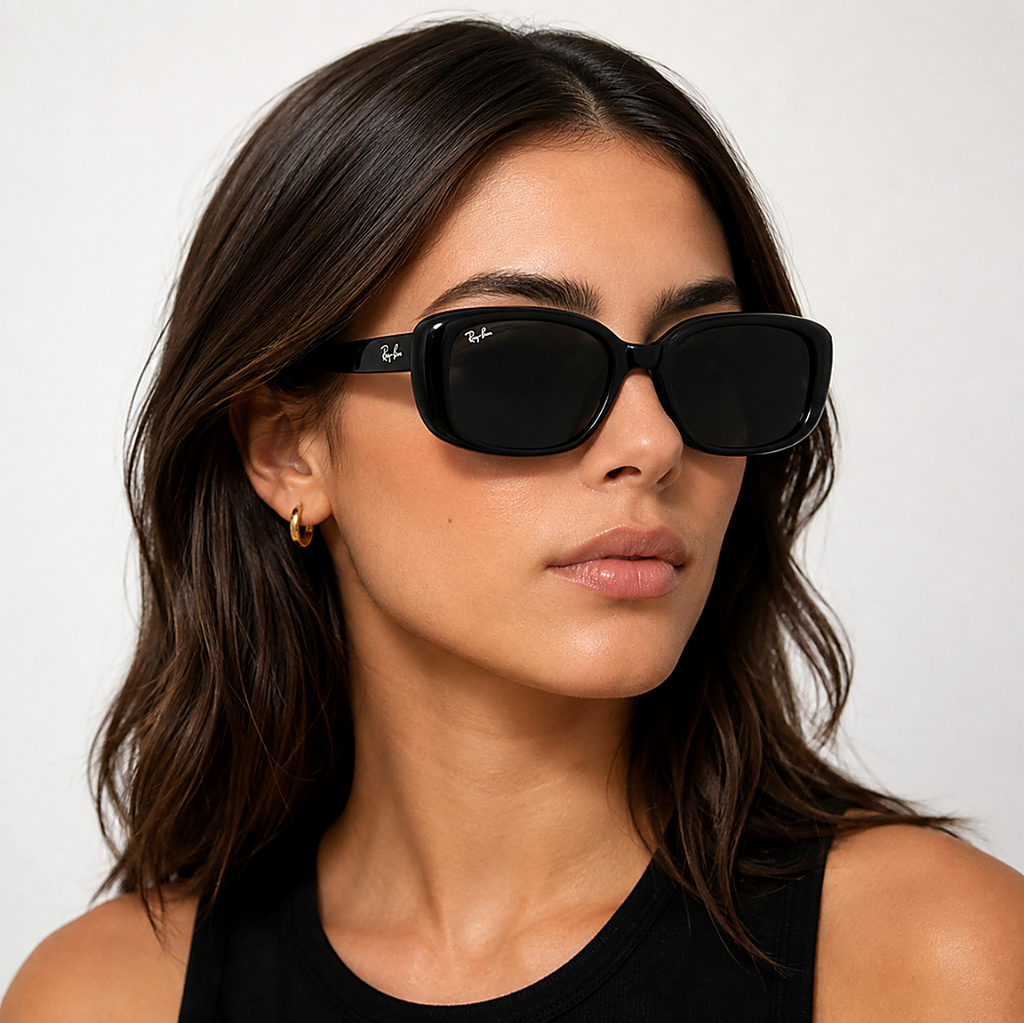 Ray-Ban Rectangular Black Sunglasses (RB4421D) worn by a model