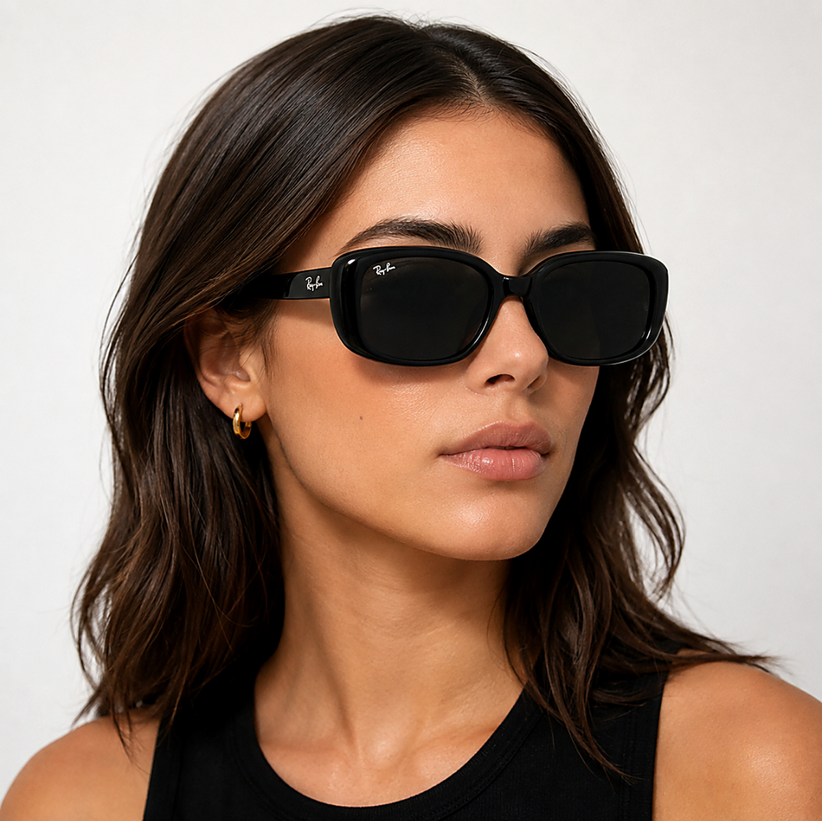 Ray-Ban Rectangular Black Sunglasses (RB4421D) worn by a model