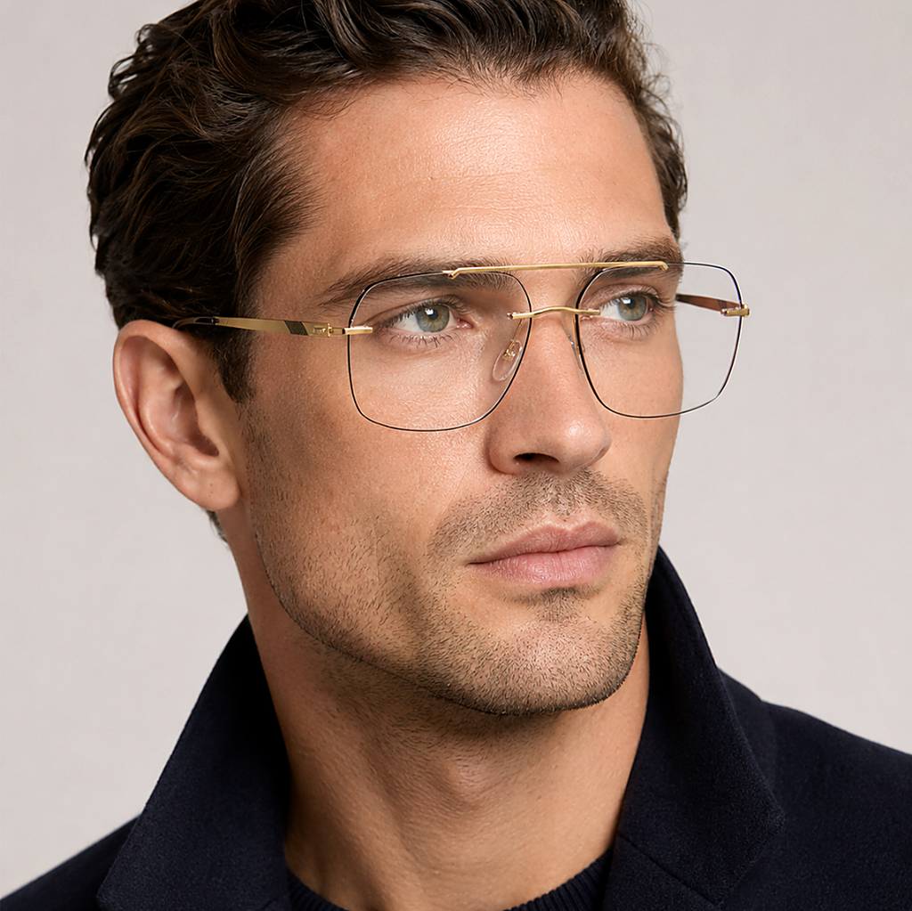 Silhouette 23kt Gold Plated Square Eyeglasses (5558 LA 7520) worn by a model