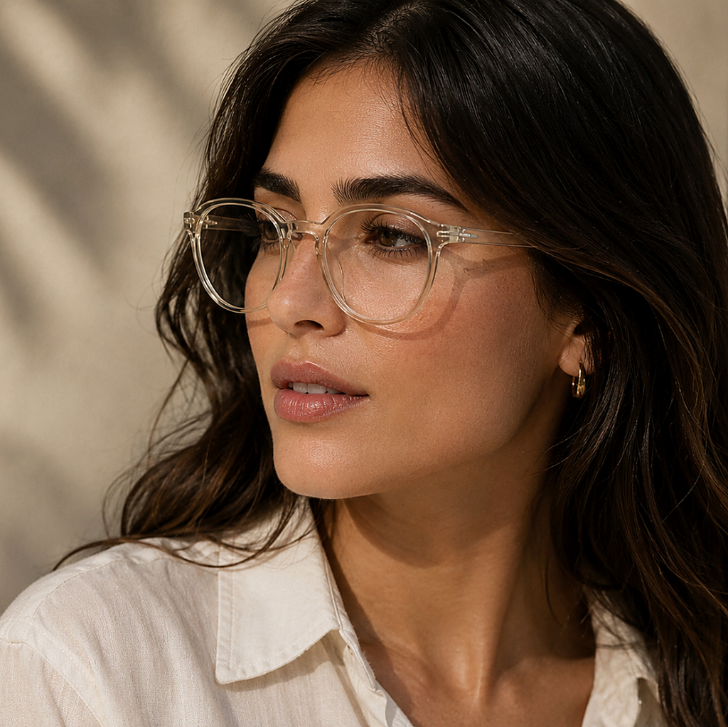 Silhouette Champagne Eyeglasses (SPX 2981 75 8530) worn by a model