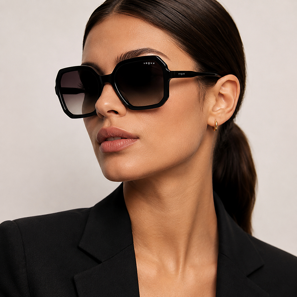 Vogue Eyewear Hexagonal Black Sunglasses (VO5696S) worn by a model